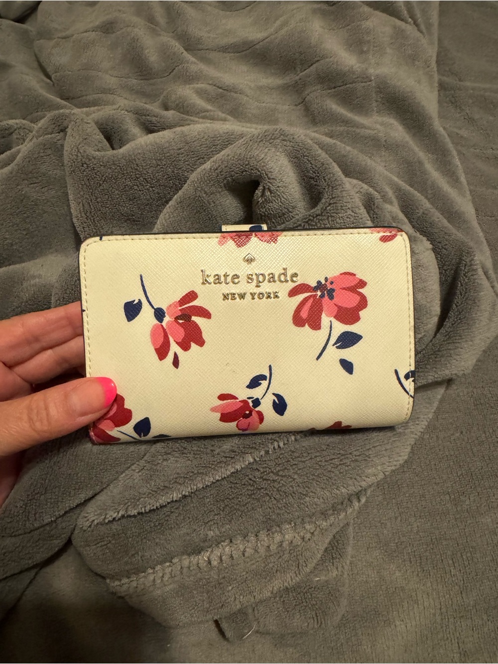 kate spade cream floral zip-around wallet with pink & navy accents